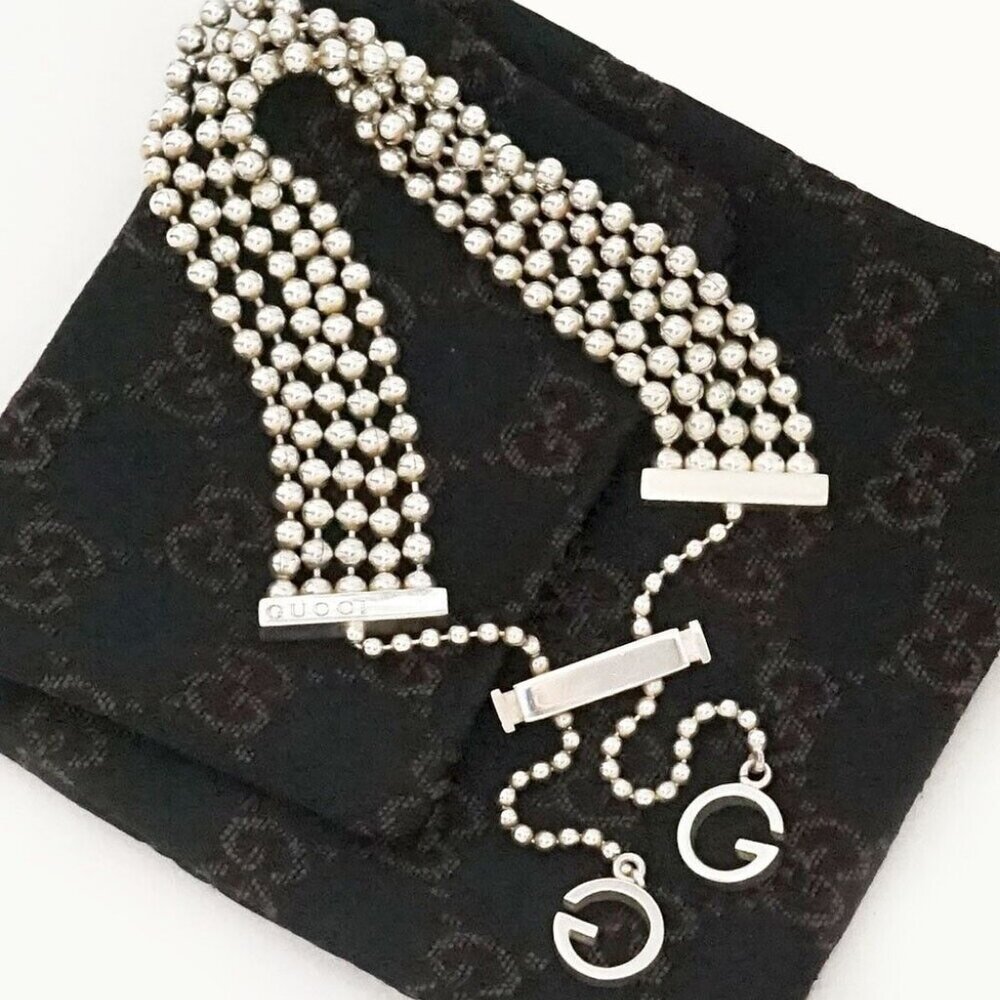 GUCCI Multi Strand G Logos Ball Chain Bracelet 9.8" Silver 925 Auth w/Bag